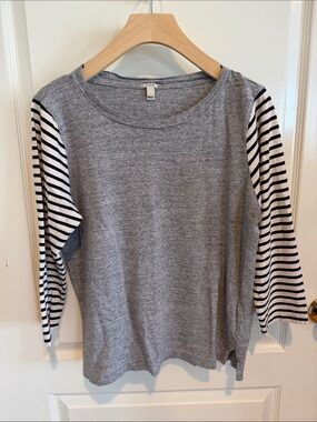 J.Crew long sleeve gray tee with Black & White Striped Sleeves